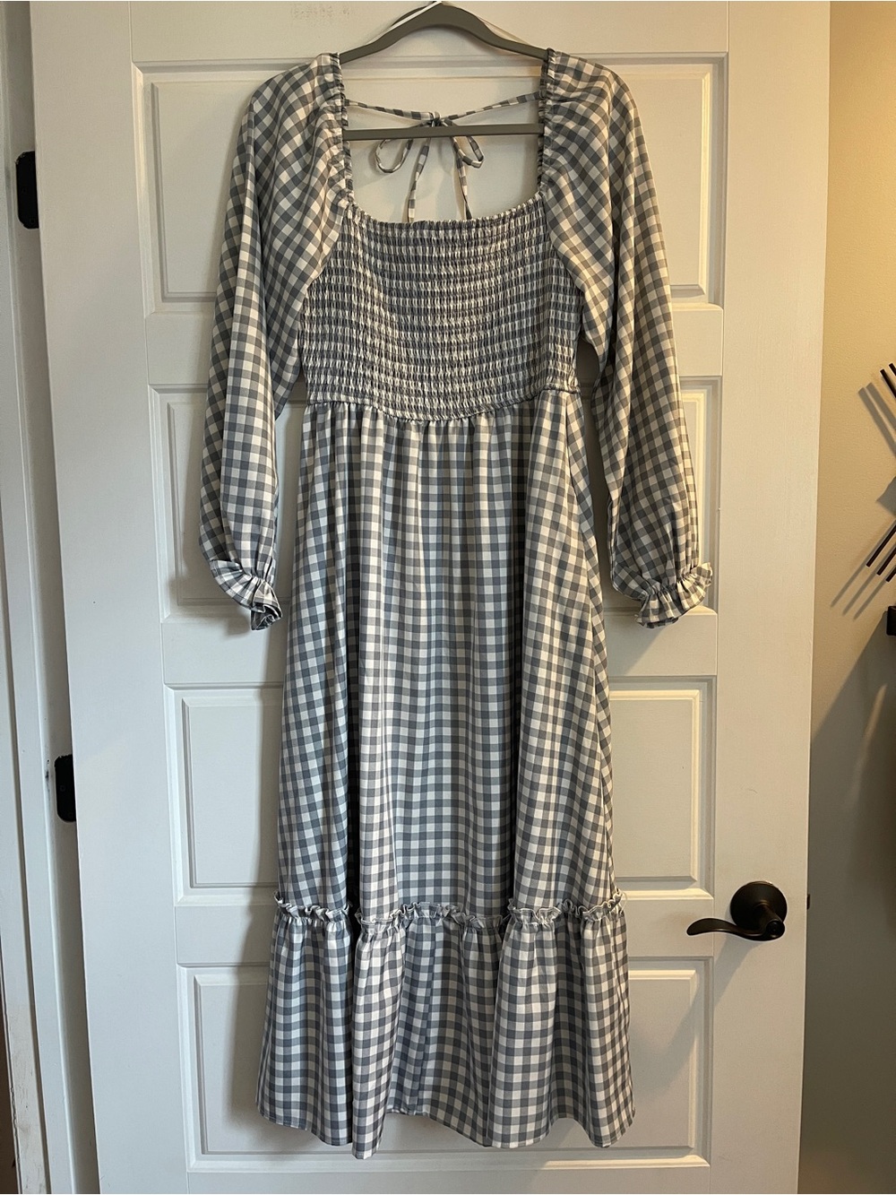 Smocked Bodice Long Sleeve Gingham Maxi Dress in Gray and White